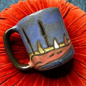 Mara Pottery Sailboat Coffee Mug Made in Mexico Nautical Blue Glaze
